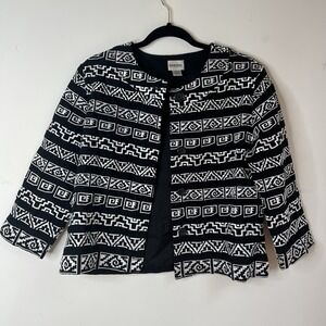 Chicos Jacket Womens Size 1 Lined Embroidered‎ 3/4 Sleeve Formal Black White